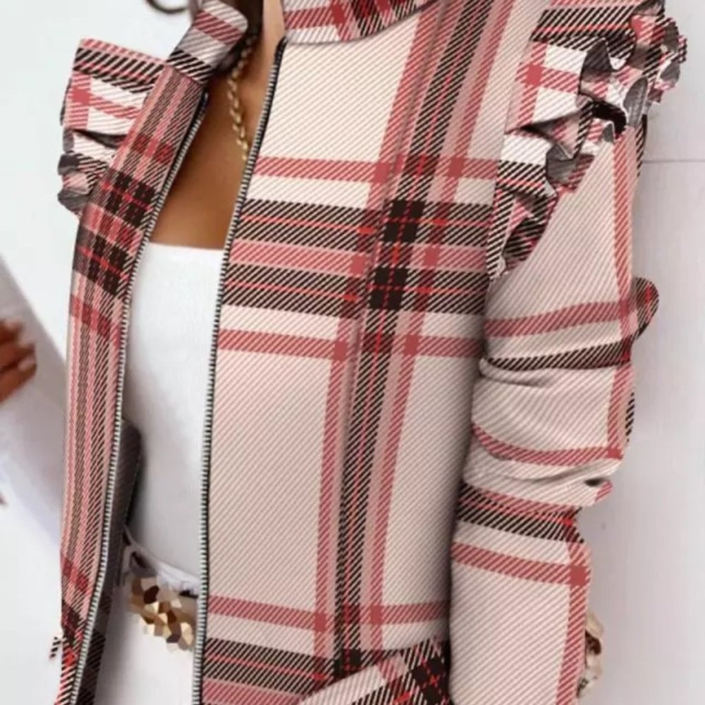 MultiColor Professional Office Blazer with Ruffled Shoulders - Full Frontal Zip - Picture 4 of 6